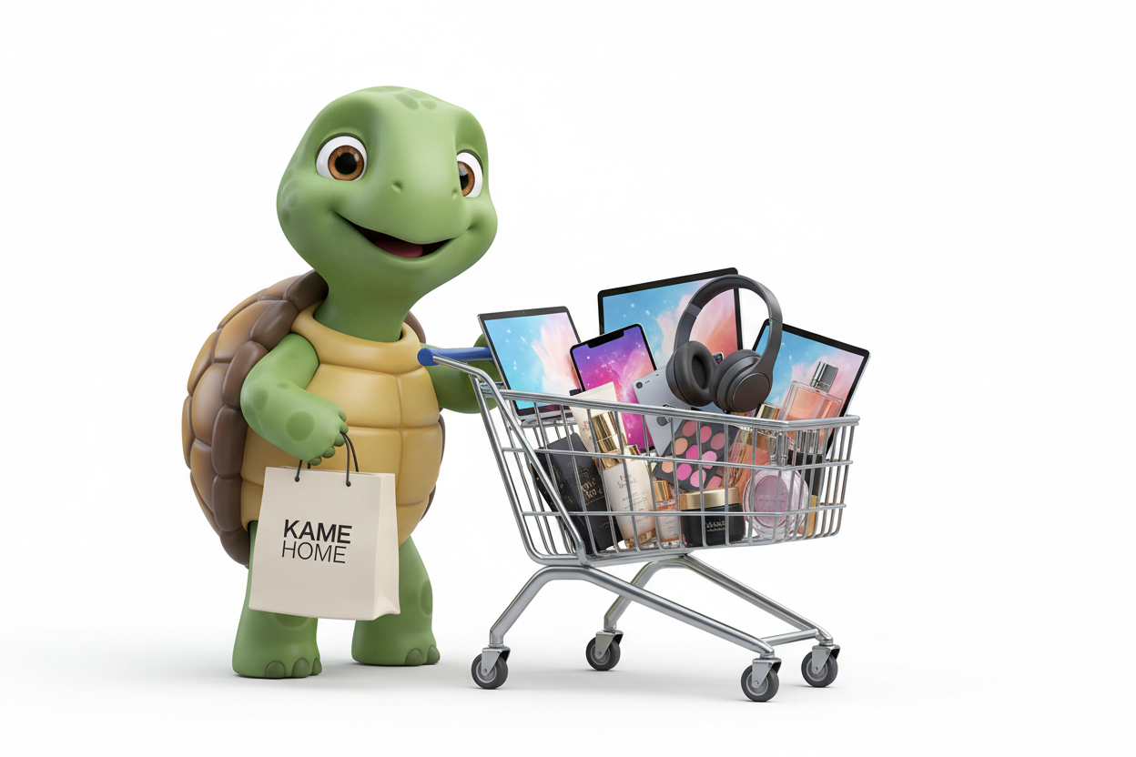 "Banner horizontal para tienda online con fondo blanco sólido. La imagen debe mostrar a la tortuga de mi logo (en estilo 3D animado, con un acabado pulido y profesional) manejando un carrito de compras. El carrito debe contener exclusivamente artículos de tecnología moderna y productos de belleza/cuidado personal de alta gama (sin juguetes). La tortuga lleva un bolso de compras colgado donde se lee claramente el nombre de la tienda: '[TU NOMBRE AQUÍ]'. Estilo limpio, minimalista, amigable pero orientado a u